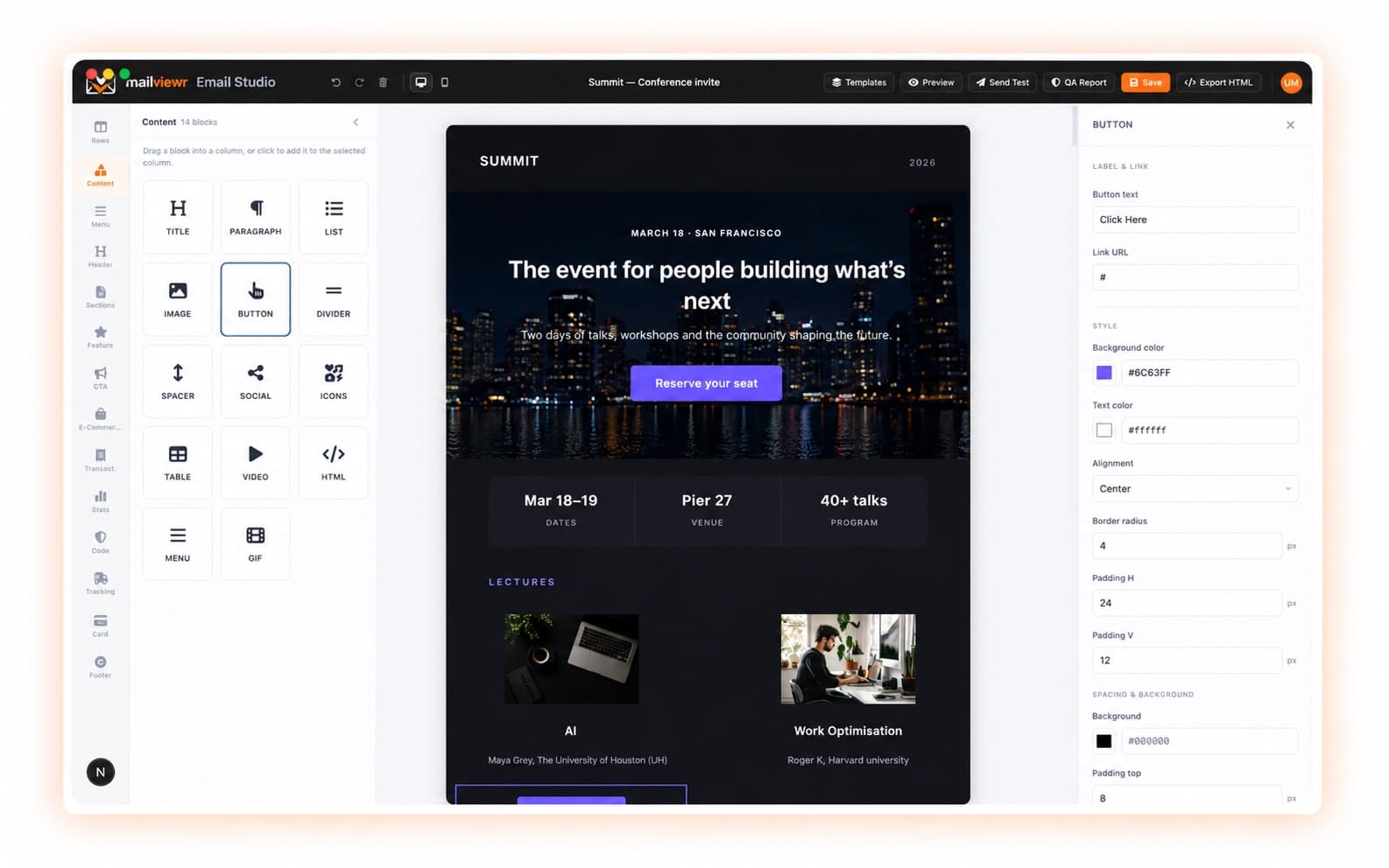 MailViewr Studio drag-and-drop email builder with component library, email canvas and properties panel