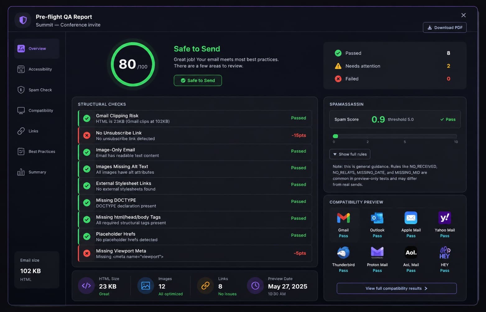 MailViewr Studio pre-flight QA report showing spam score, accessibility results and cross-client compatibility