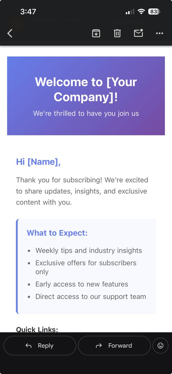 Actual Gmail iOS light mode rendering of the same welcome email template