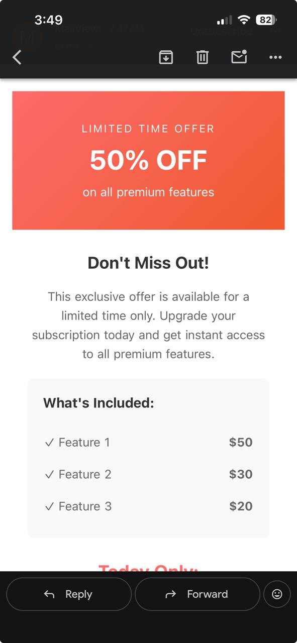 Actual Gmail iOS light mode rendering of the same promotional email template