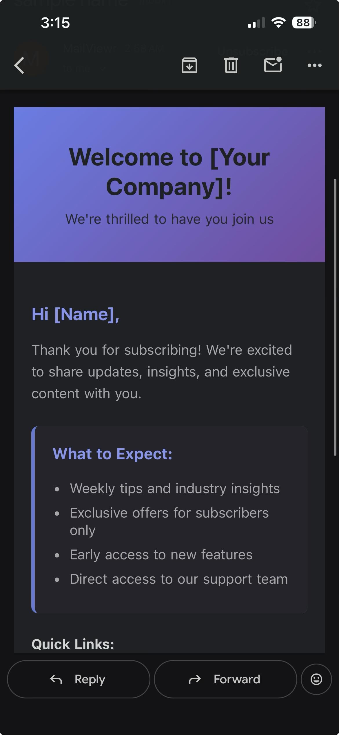 Actual Gmail iOS dark mode rendering of the same welcome email template