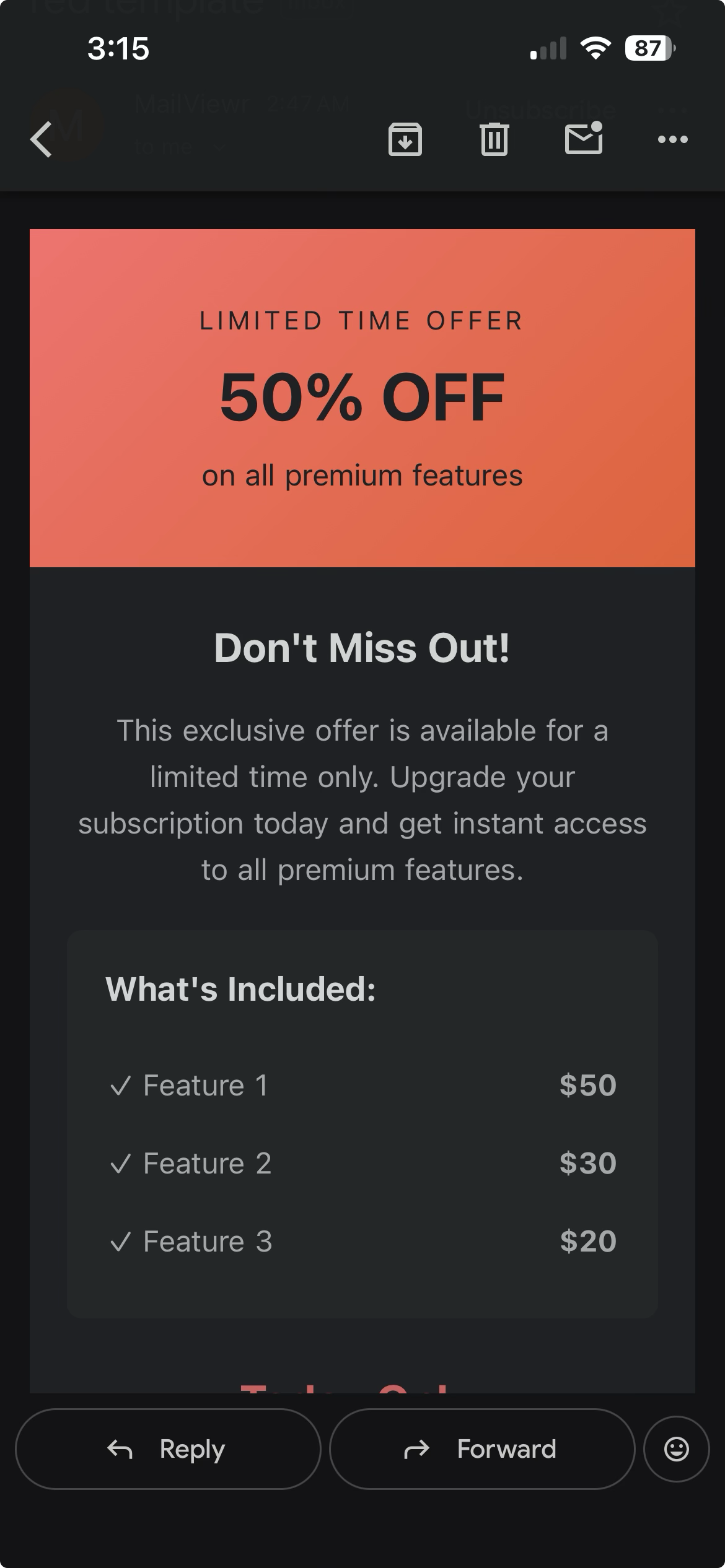Actual Gmail iOS dark mode rendering of the same promotional email template
