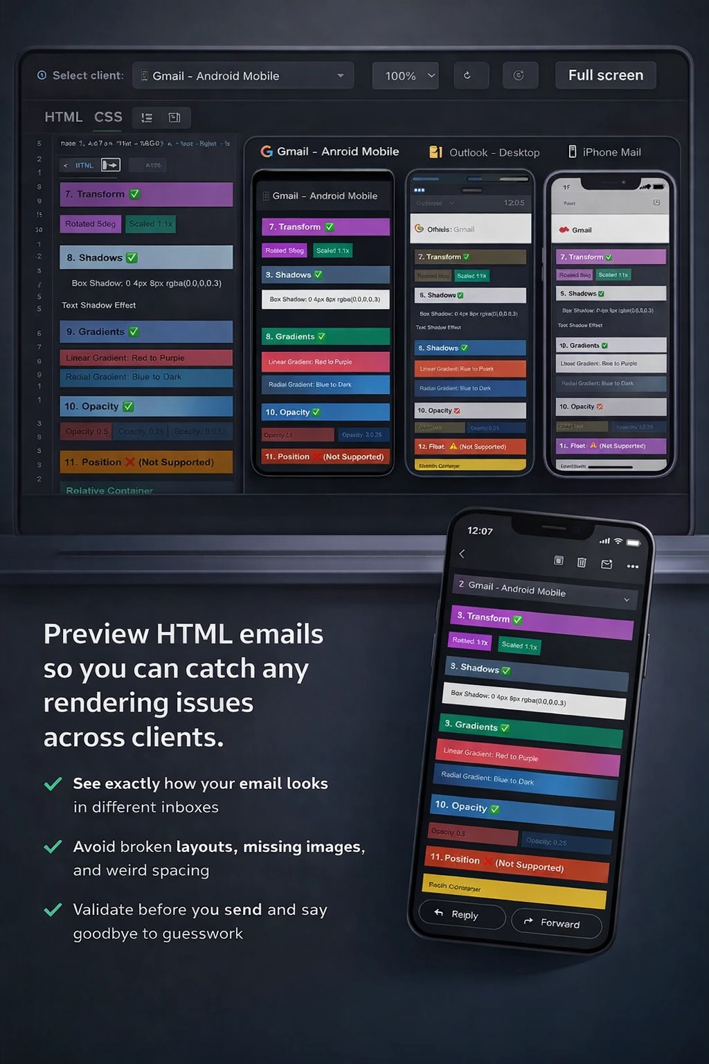 Free email preview tool showing HTML email test in Gmail and Outlook
