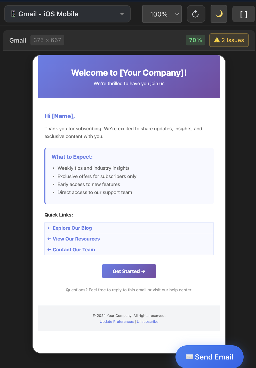 MailViewr light mode preview of a welcome email template