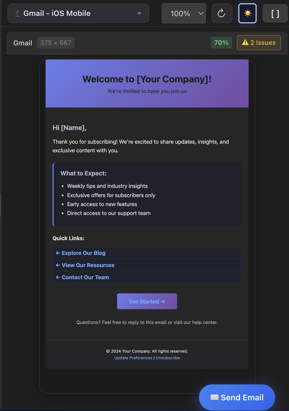 MailViewr dark mode preview of a welcome email template showing gradient header, dark card body, and styled links