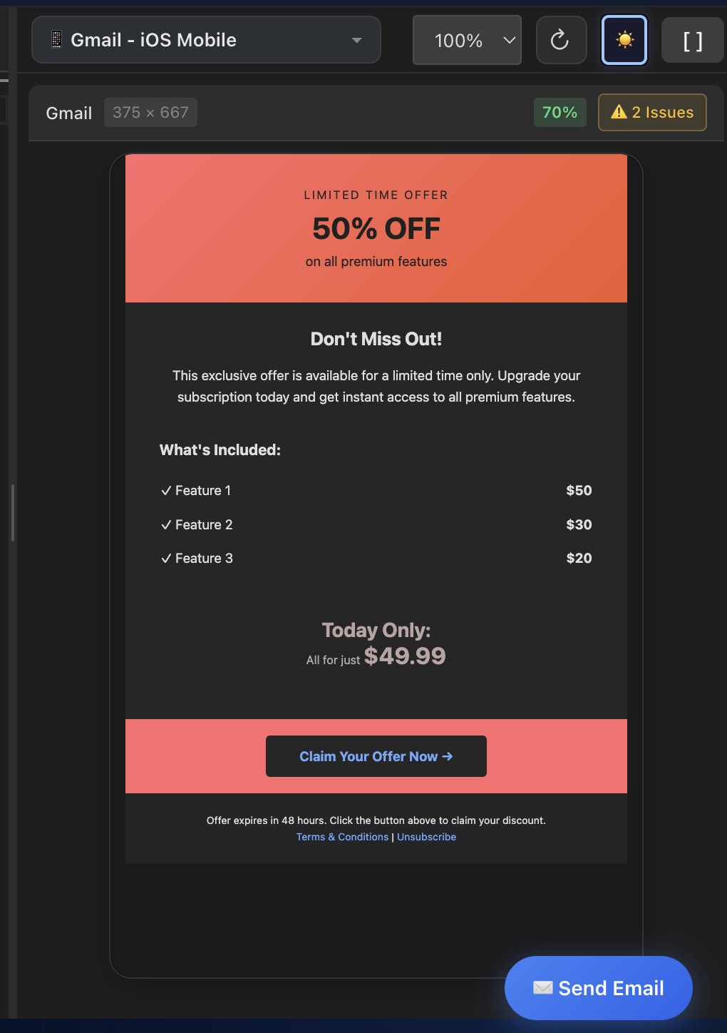 MailViewr dark mode preview of a promotional email template with coral gradient header and pricing table